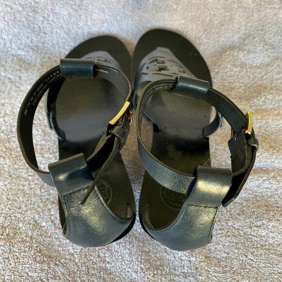 Tory Burch Black Leather Wedge Sandals – Size 8M - Picture 2 of 6